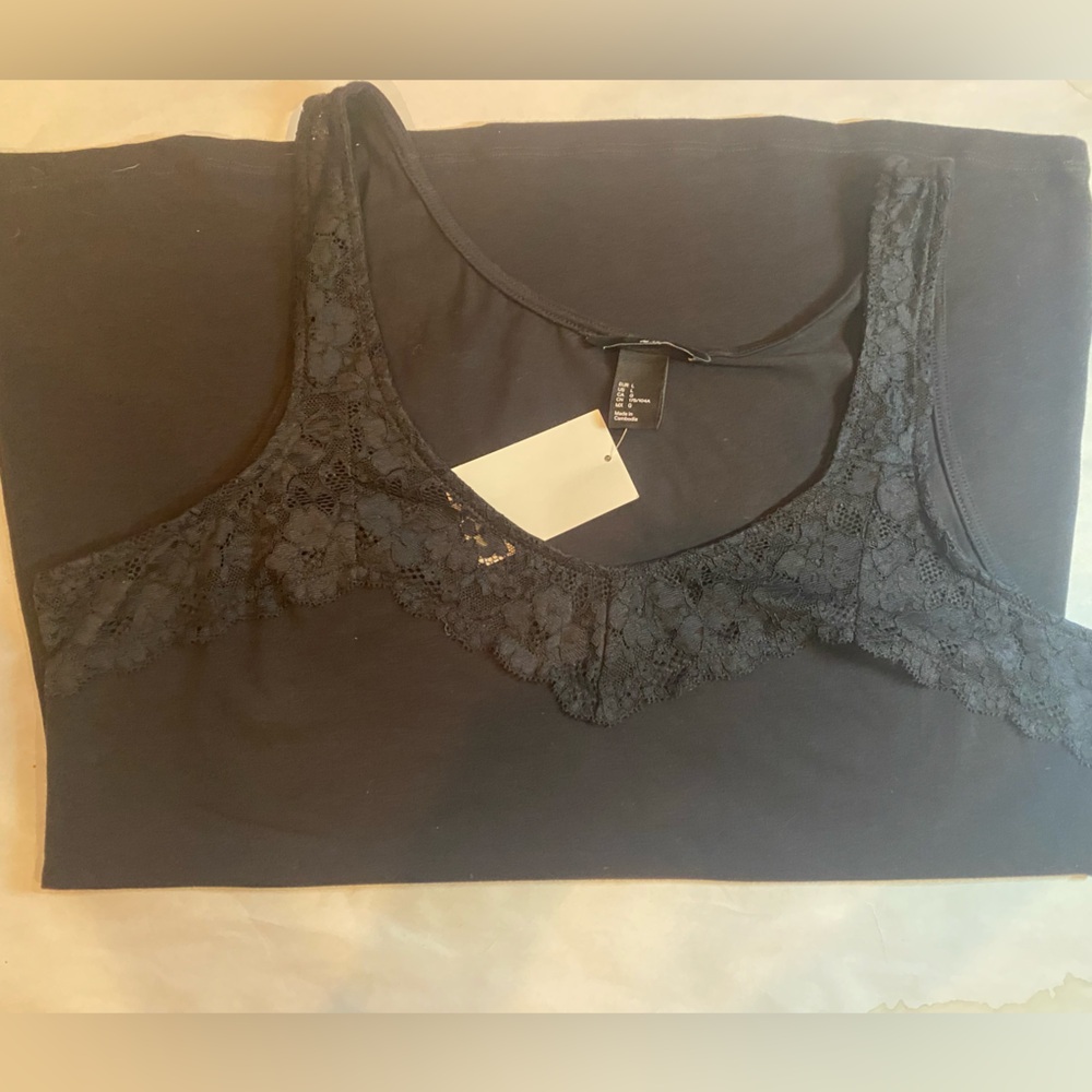 H & M black Lace trim Long Line Camisole seamless Tank Spaghetti Strap LARGE